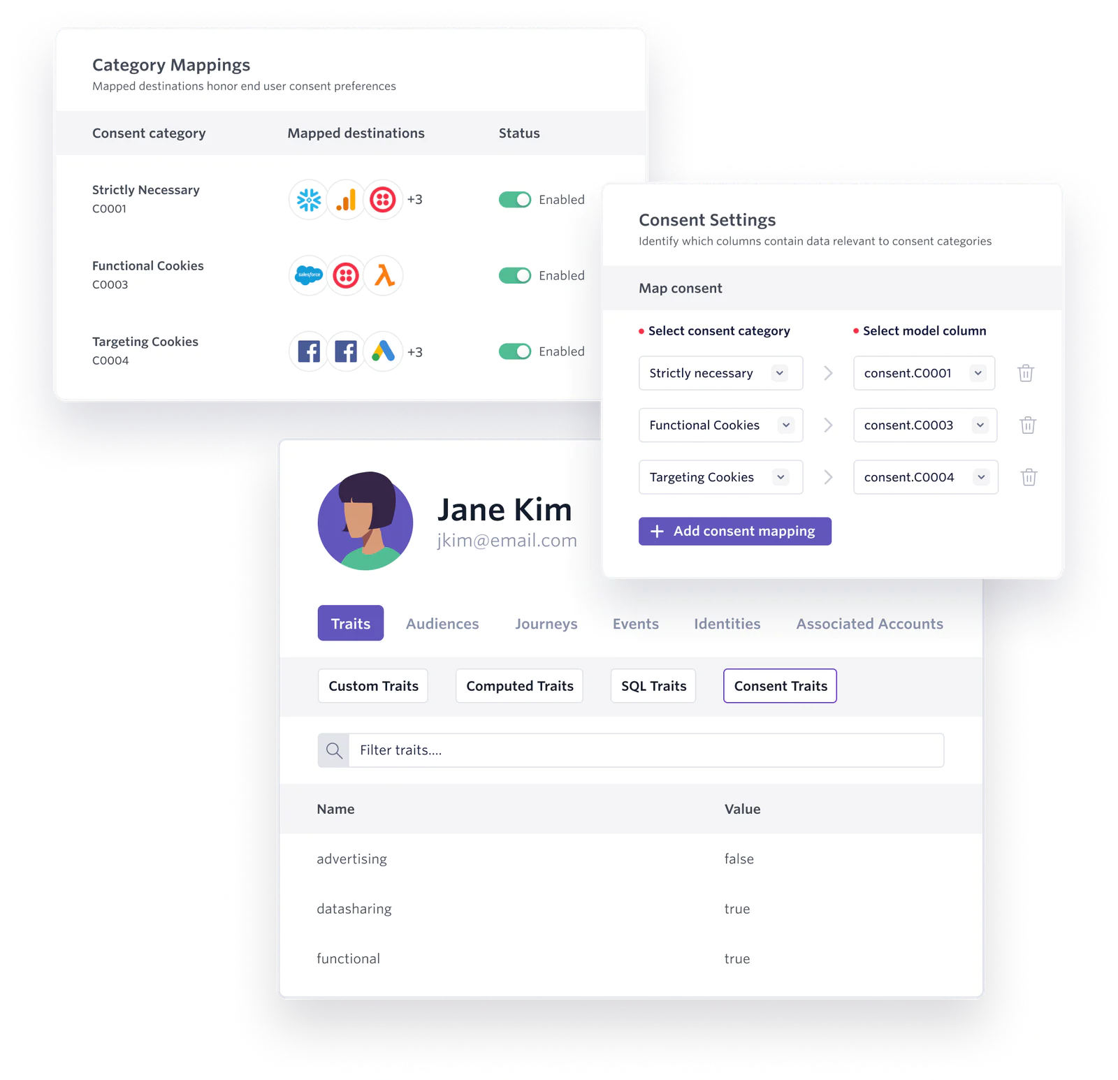 Interface showing user consent settings and category mappings for cookies, including user details.