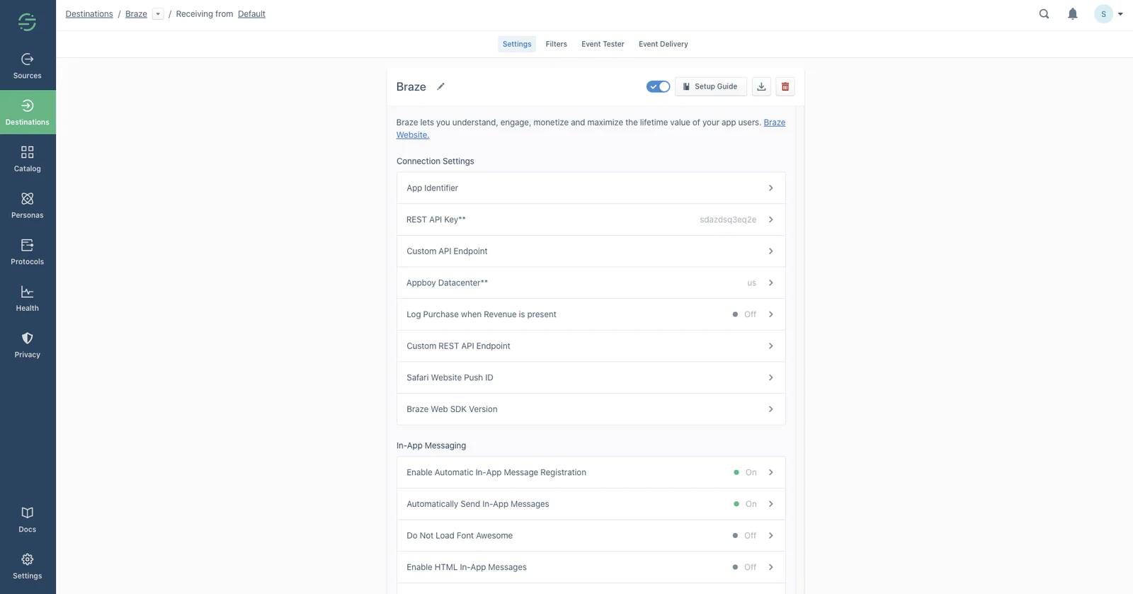 Braze Destination Settings Page