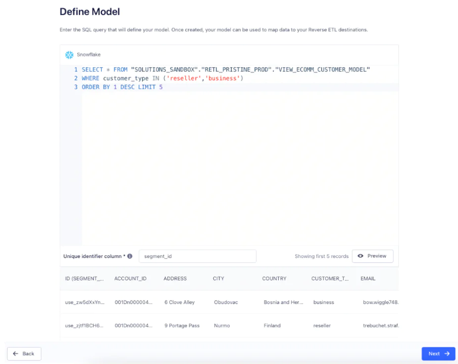 Reverse ETL model setup