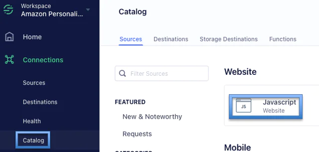 Selecting the ‘javascript’ source type on Segment console