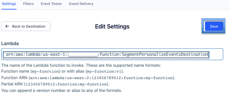 Pasting the ARN for the Lambda section 