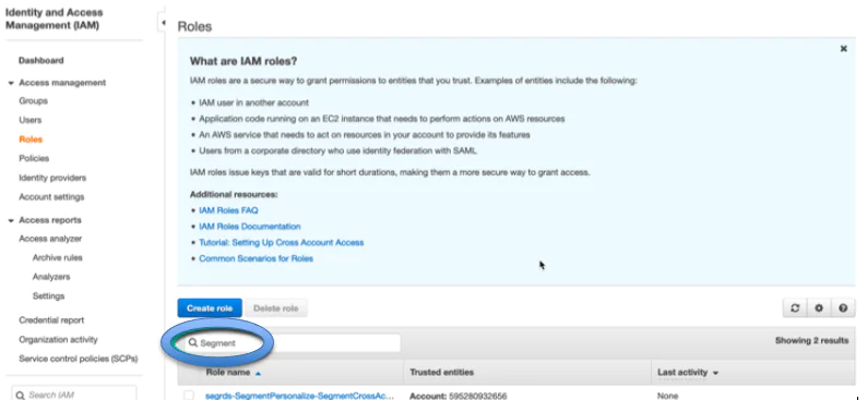  Searching for Segment role in the AWS IAM Console search text box