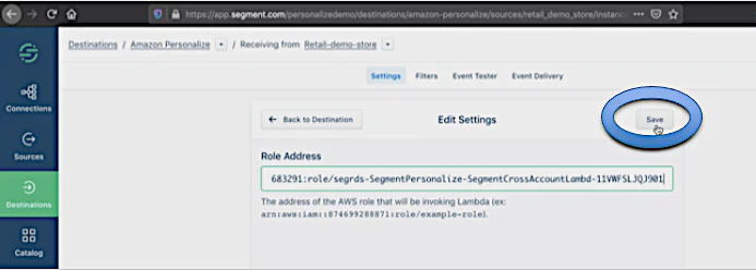 Pasting the ARN in the Segment console destination configuration tab or window