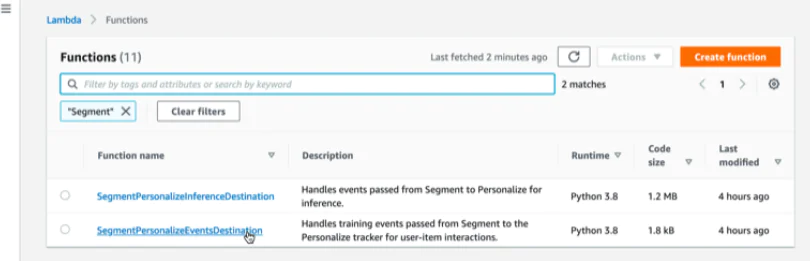 Finding the SegmentPersonalizeEventsDestination on the Lambda service in the AWS Console