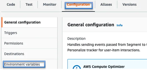 Configuration and Environmental variables in the AWS console