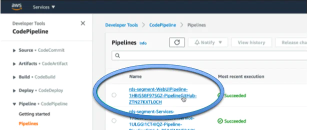 Finding the pipeline name that contains WebUIPipeline  in the AWS console