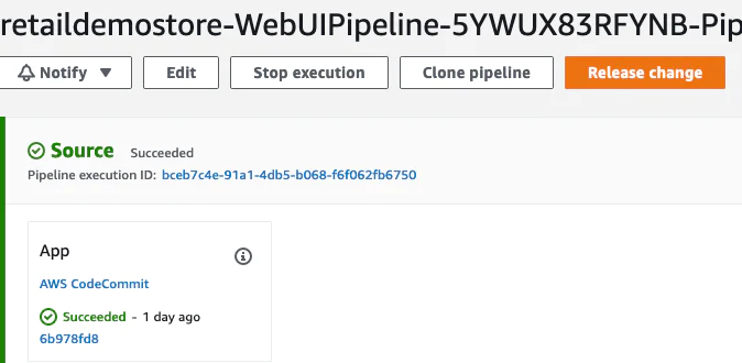 Confirmation that the pipeline is re-deploying the web ui for the Retail Demo Store